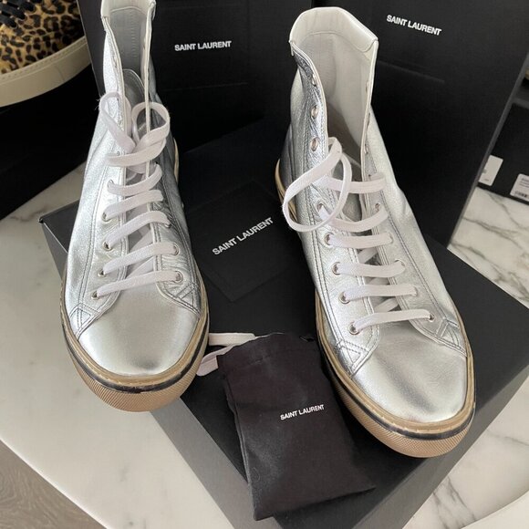 YSL Saint Laurent 711267 Metallic Silver Mens Malibu Mid-Top Sneaker Shoe, 41/45 - Picture 9 of 16